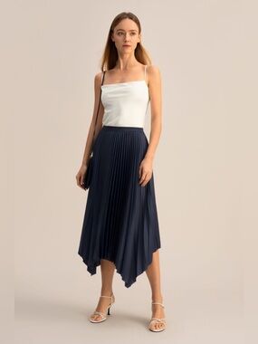 NWT Lily Silk Pleated Handkerchief Skirt Navy Blue Size XL